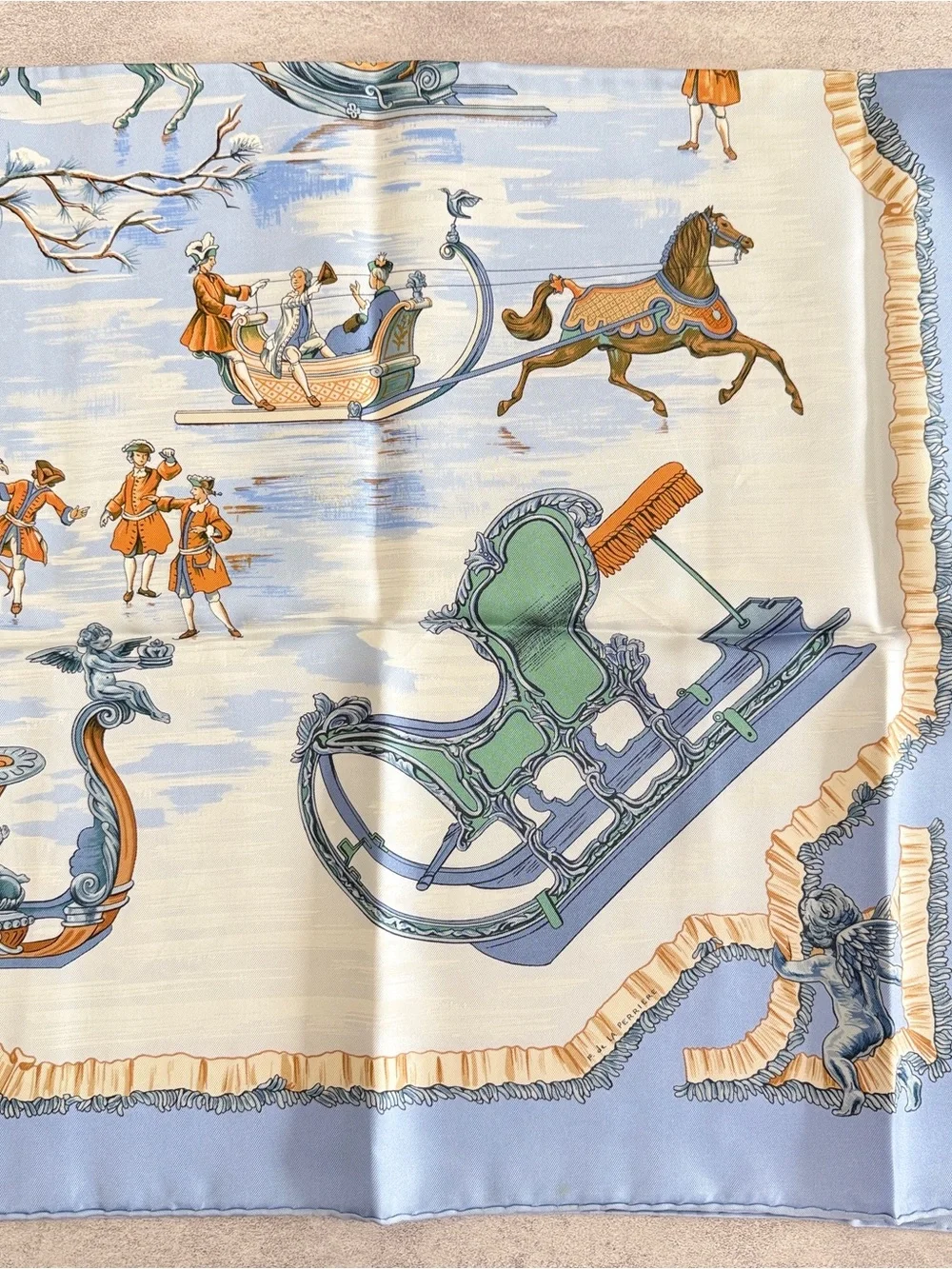 Hermes Blue, Cream and Orange Silk Scarf — Winter Sleigh Tableau